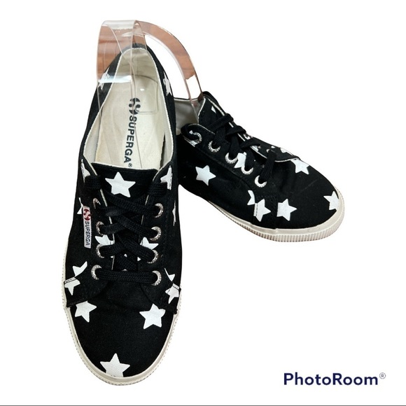 Superga Black Star Print Lace Up Sneakers Sz 7 - Picture 1 of 10